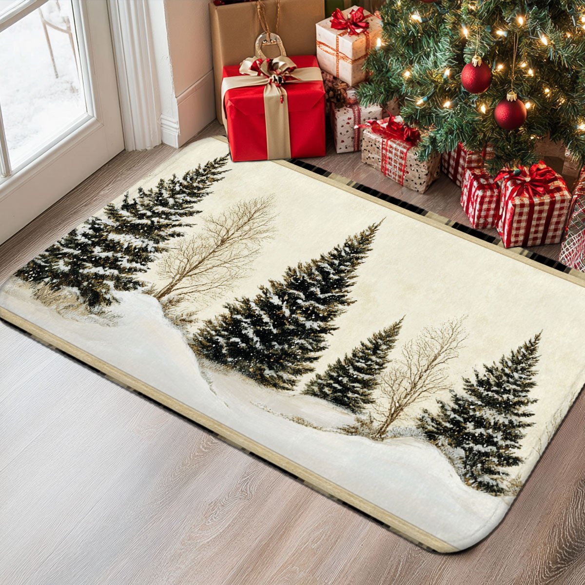 Hunting Outdoor Rug - Winter Snow Hunting Cabin Pine Tree