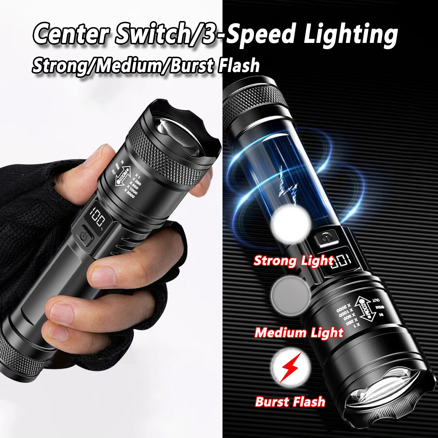 TY-908M Led Flashlight 2000LM  - đánh giá và giá Tactical Flashlight Rechargeable
